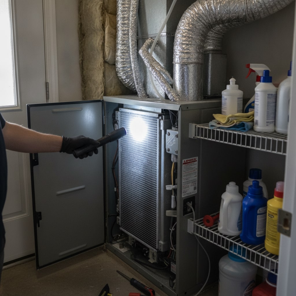 Indoor air handler coil inspection during an AC repair visit in Colleyville, TX