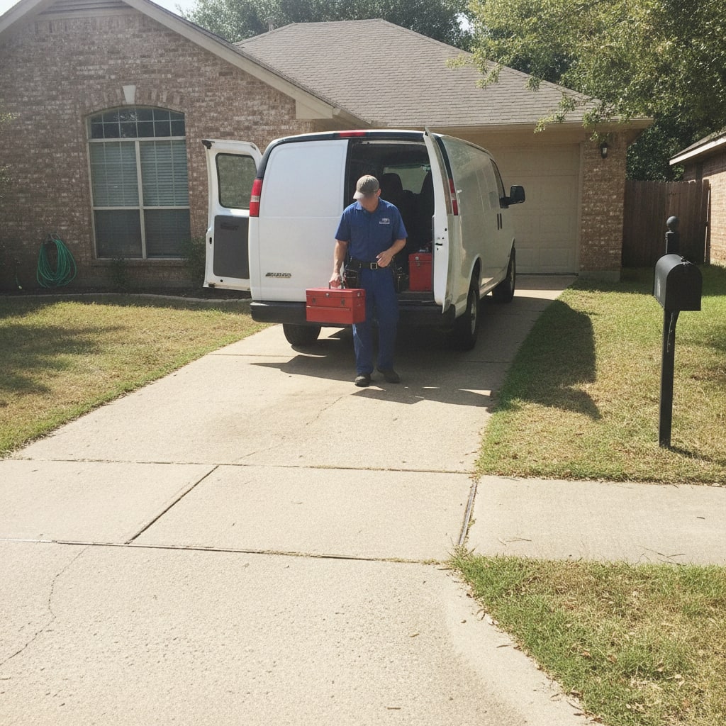 AC repair technician arriving with tools at a Colleyville home